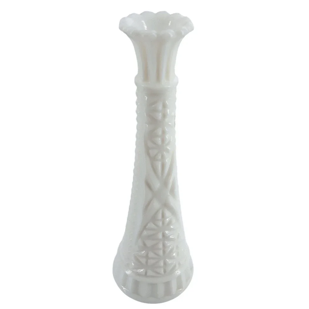 Anchor Hocking Vintage Milk Glass Bud Vase 9 Inch Starburst Bars Pattern MCM